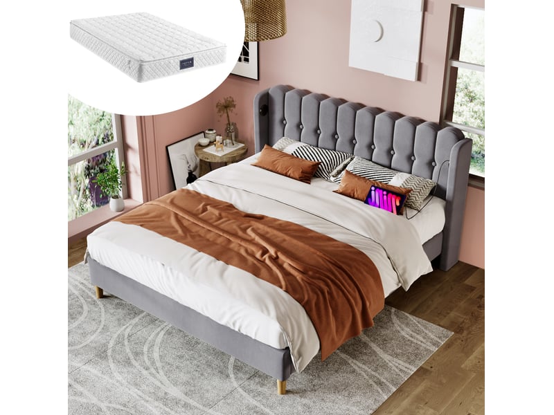  Lit rembourré 160 × 200 cm 2 places avec usb, type-c et tête de lit matelassée, matelas inclus, gris  - Conforama B