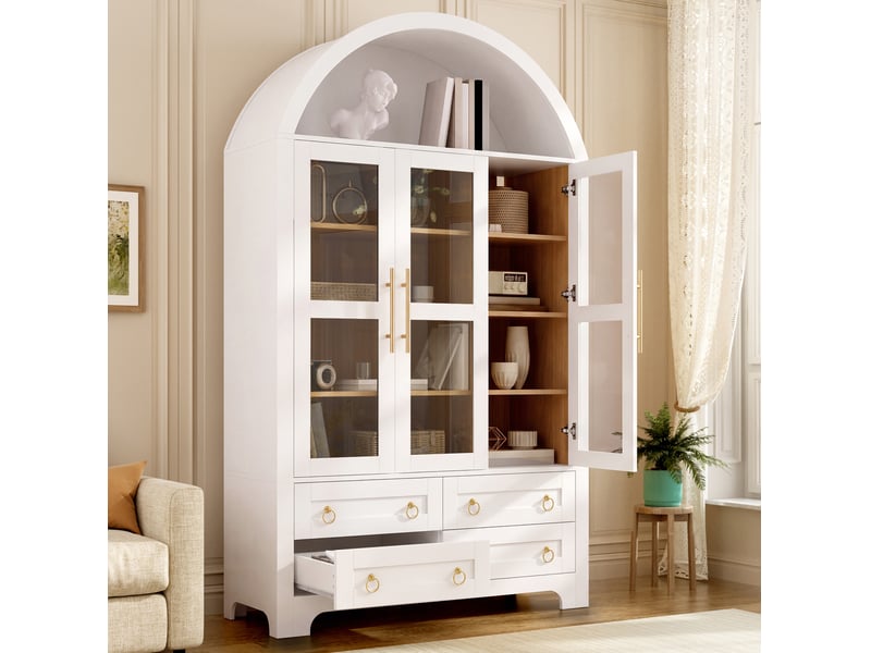  Buffet et enfilade avec 3 portes vitrées, 4 tiroirs et niche ouverte en arc, pour salon, blanc, 110 × 40 × 185 cm  - Conforama C