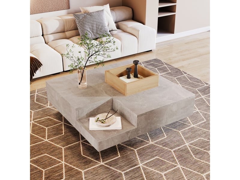  Table basse 72x72x30 cm avec boîte de rangement amovible, plateau carré et base centrale, panneaux, gris béton et bois ABC - Conforama E