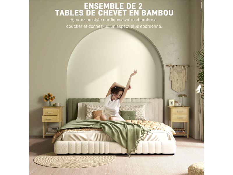  Lot de 2 tables de chevet en bambou 2 tiroirs et 1 étagère naturel 40 x 34 x 60 cm  - Conforama D