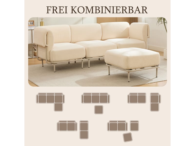  Canapé d'angle modulable 3 places en tissu chenille beige, avec pouf, 251×155×78 cm, design nordique  - Conforama D