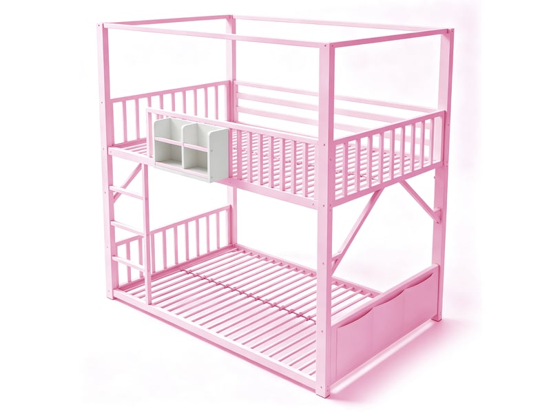  Lit superposé enfant 90x200 cm - 2 couchages - structure métal avec toit - barrière de sécurité - rangement - rose  - Conforama W