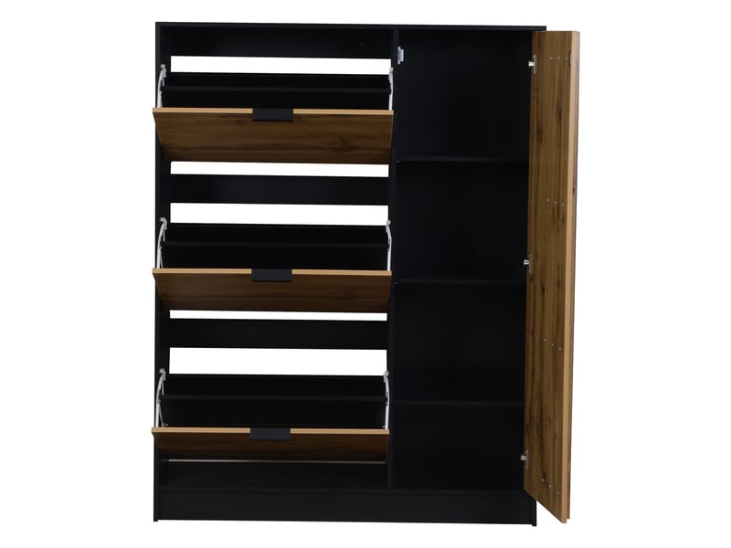  Meuble à chaussures bois naturel et noir, 100x30x130 cm, 3 compartiments basculants, 1 porte, 12 paires de chaussures, mdf  - Conforama D