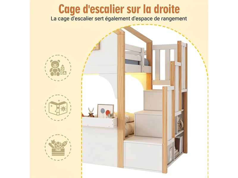 Lit superposé enfant 90x200 en bois avec escalier de rangement et éclairage led - blanc et nature - Conforama E