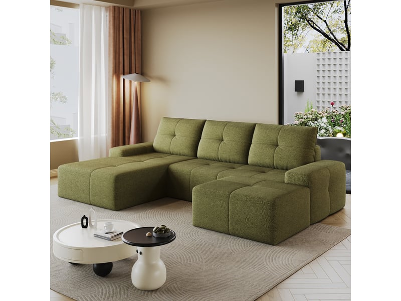  Canapé d'angle 262 cm en l avec méridienne et pouf, assise moelleuse, garnissage en mousse haute élasticité, tissu - vert olive  - Conforama E