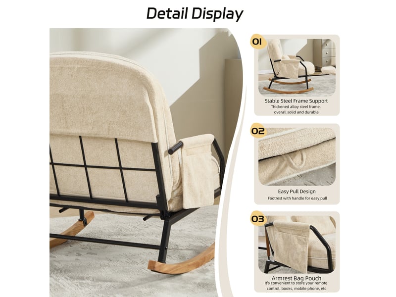  Fauteuil à bascule beige en fausse fourrure avec repose-pieds coulissant et dossier réglable 100 à 160°  - Conforama E