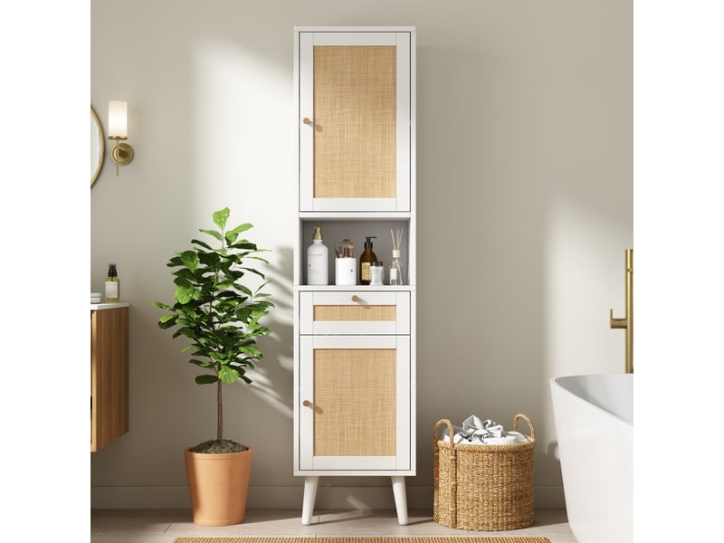  Meuble de salle de bain - 40x30x166cm - meuble haut en cannage rotin avec 2 portes réversibles, tiroir &amp; niches - blanc  - Conforama B