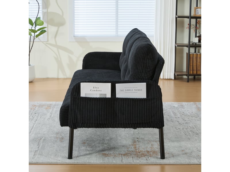  Canapé 3 places en velours côtelé noir avec dossier ergonomique et poches latérales pratiques  - Conforama W