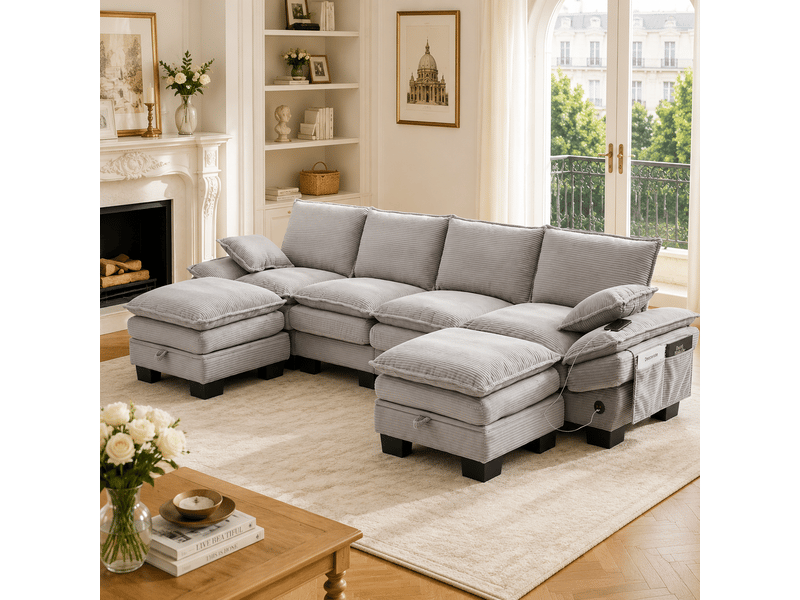  Canapé modulaire en velours - 4 places avec 2 poufs - velours côtelé doux - gris clair - dimensions 330x132x84cm - Conforama B