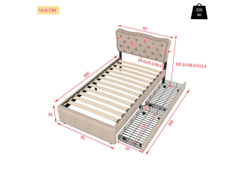 Lit moderne simple 90x200 cm avec 2 tiroirs, lin et mdf, beige foncé, sans matelas - Conforama C