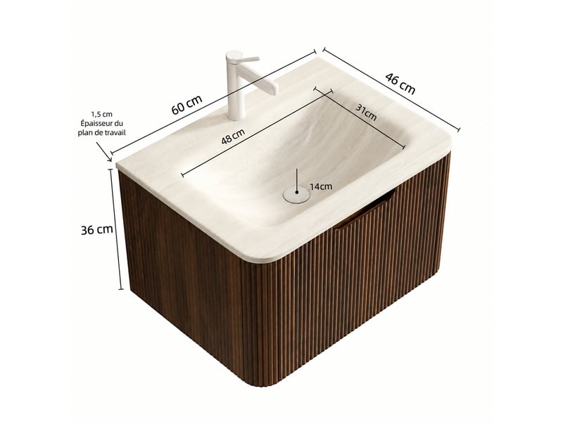  Meuble vasque suspendu 60 cm, vasque intégrée en pierre frittée effet travertin, noyer  - Conforama E