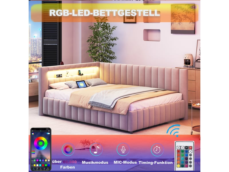  Lit capitonné 140x200 cm gris en velours, led, usb, dossier et cadre de lit stable  - Conforama C