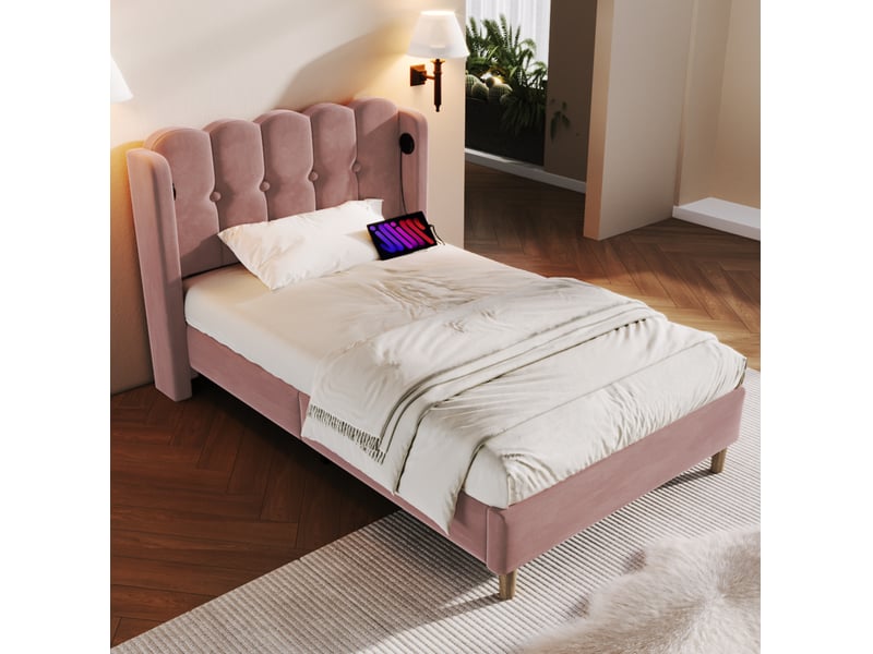  Lit enfant simple 90x200 cm, tête de lit wingback panneau design, ports usb + type-c inclus, velours rose sans matelas  - Conforama B