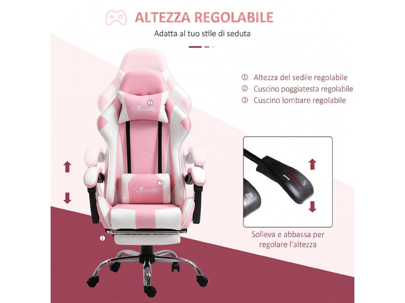  Fauteuil de jeu ergonomique inclinable avec appui-tête, coussin lombaire et hauteur réglable, rose et blanc  - Conforama E