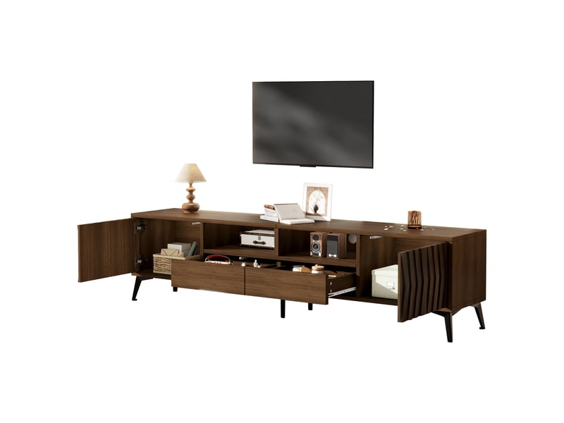  Meuble tv 180 cm noyer 75 pouces - 2 portes 2 tiroirs pieds réglables  - Conforama A