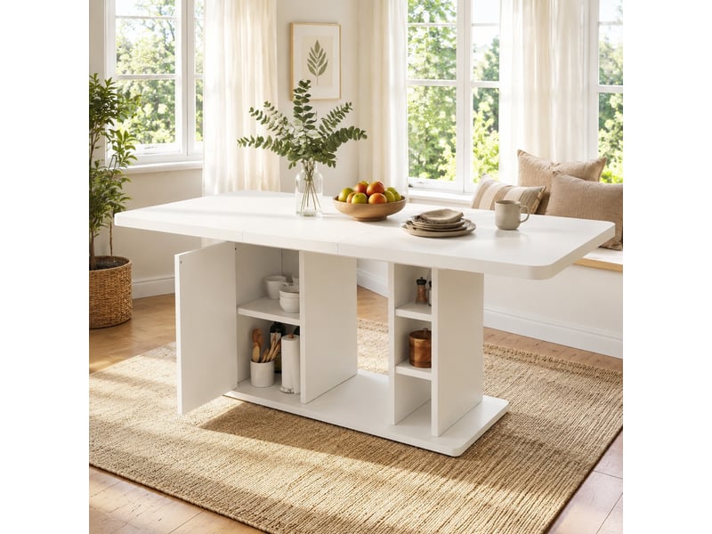 Table de salle à manger extensible pour 6 à 8 personnes avec rangement, plateau épais, en mdf blanc, style scandinave - Conforama B
