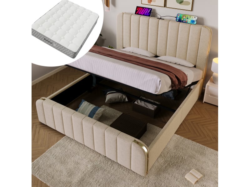  Lit adulte coffre rangement 180x200 lin beige matelas charge usb type c integre homvra  - Conforama C