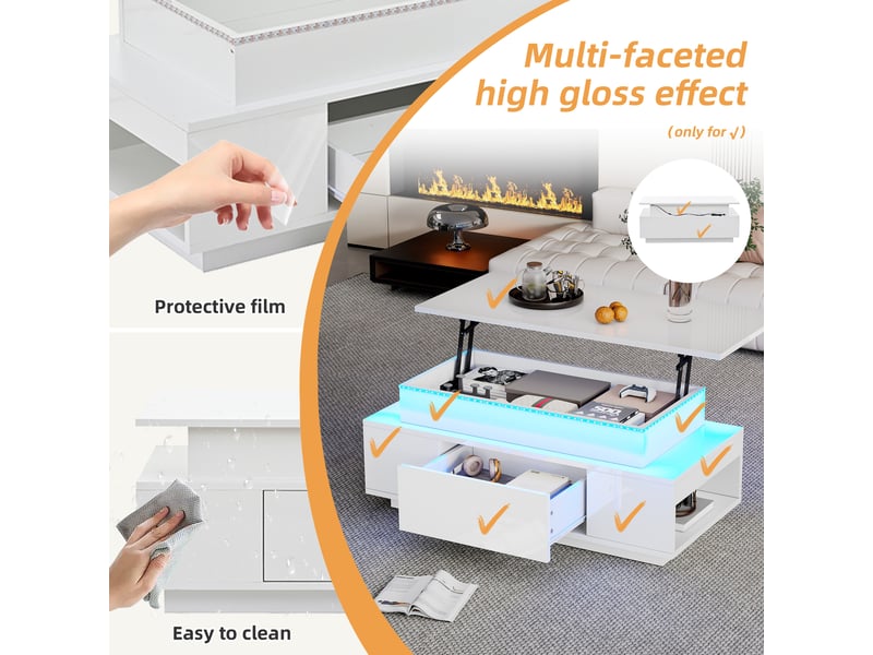  Table basse relevable avec tiroir, rangements et led pour salon 96×45×40 cm en panneaux de particules blanc  - Conforama C