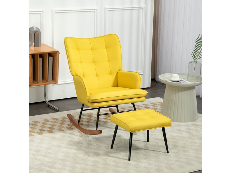  Fauteuil à bascule avec repose-pieds, design scandinave, bois de hêtre, matelassé, 64 cm x 89 cm x 90 cm, jaune  - Conforama D