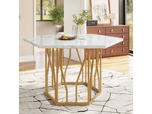 Table à manger hexagonale moderne – plateau en mdf marbré & structure métal doré –style élégant pour salonsalle à manger