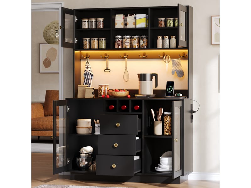 Buffet cuisine 4 portes et 3 tiroirs, 120 x 40 x 170 cm, éclairage led, prises, ports usb, porte-verres et anti-basculement, mdf, noir Morn Vibe - Conforama D