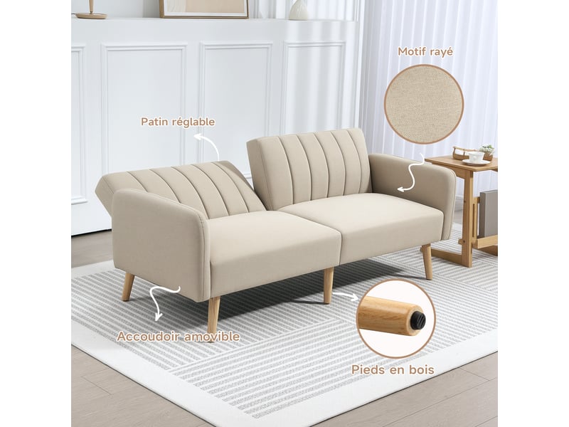 Canapé convertible 2 places design scandinave dossier inclinable 3 positions pieds bois tissu aspect lin beige - Conforama R