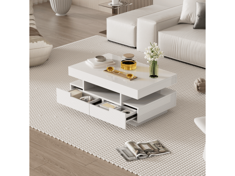  Table basse avec 4 tiroirs, 3 niches et led, surface brillante, pour salon, en panneau de particules, 80×50×36 cm - uvrion  - Conforama B