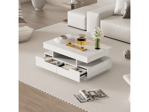 Table basse avec 4 tiroirs, 3 niches et led, surface brillante, pour salon, en panneau de particules, 80×50×36 cm - uvrion