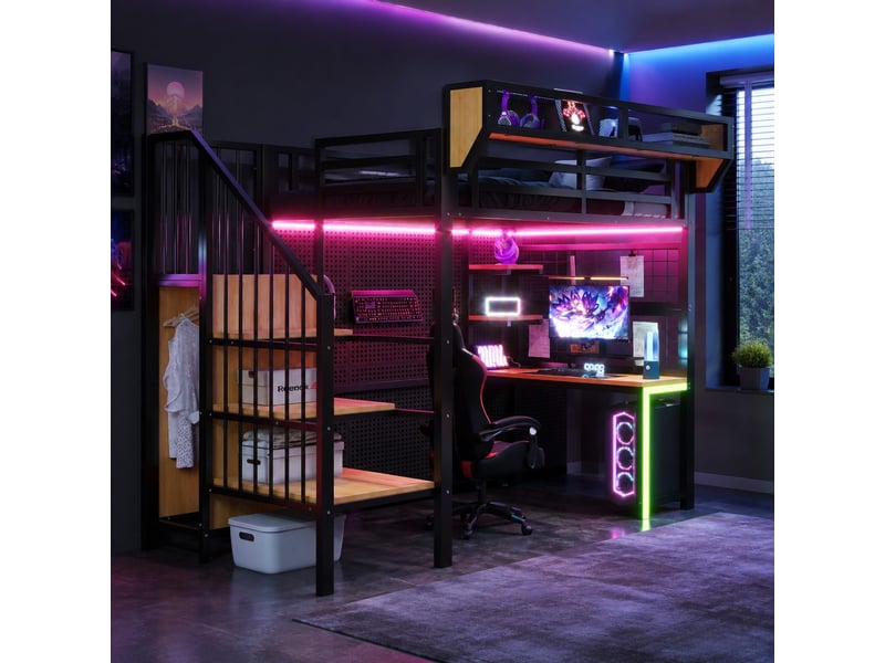 Lit mezzanine 90x200 cm avec bureau, rangements et led coloris noir - Conforama B