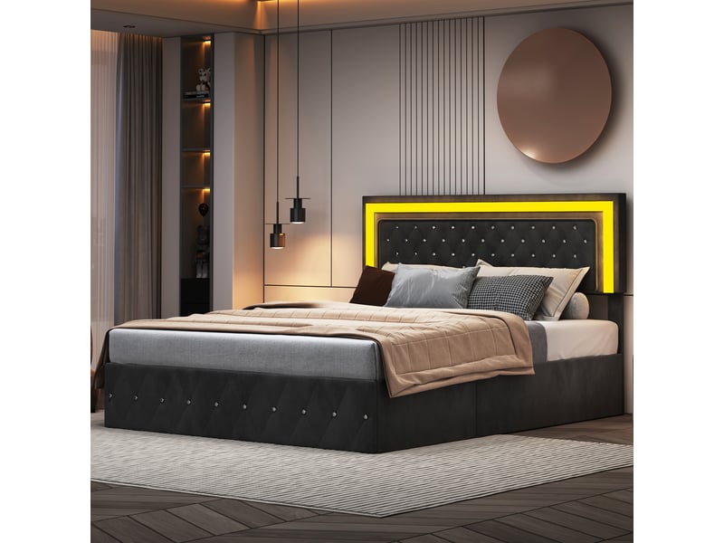 Lit coffre hydraulique 160 x 200 cm-noir - lit double rembourré en velours avec tête de lit lumineuse led et capitonnage strass - Conforama D