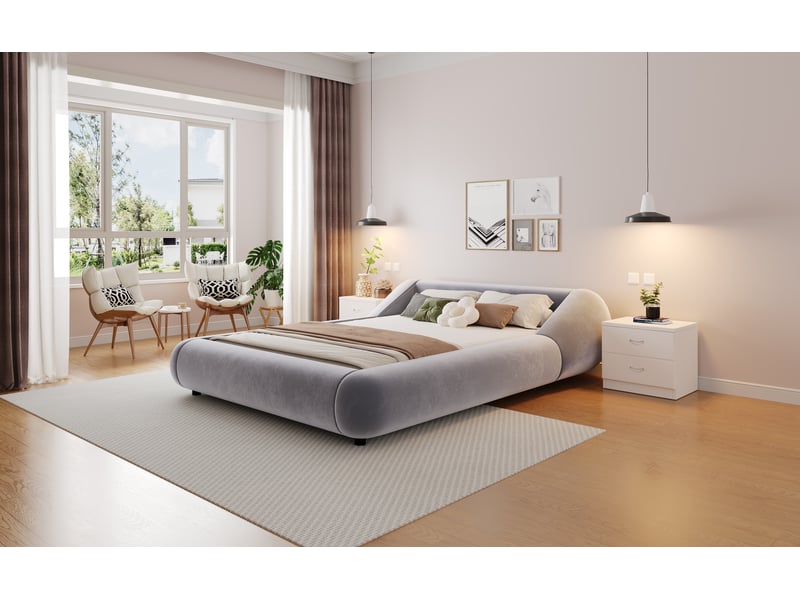  Lit double 140 × 200 cm, design flottant, tête de lit enveloppante, éclairage led, sommier à lattes, velours gris  - Conforama B