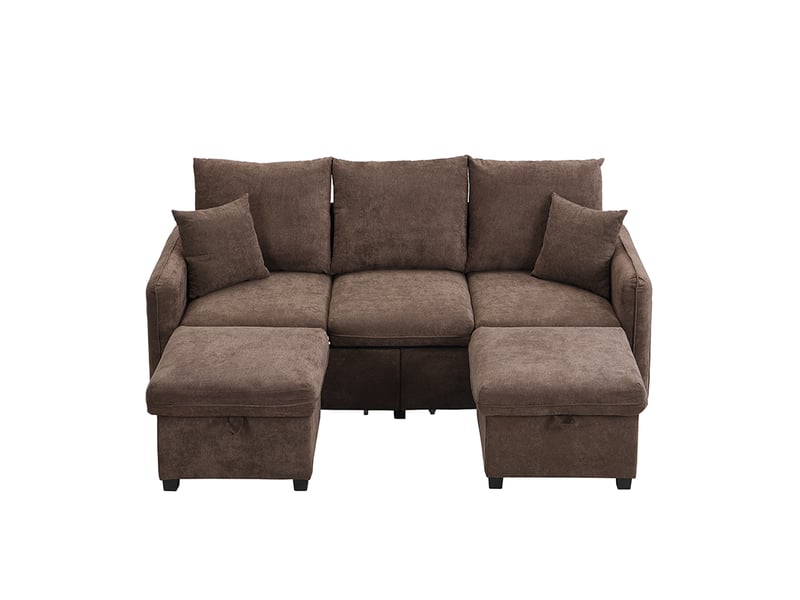  Canapé d’angle en u 3 places 188x186x86 cm convertible avec tiroirs, pouf coffre, modules séparables, chenille, marron Sol Morn - Conforama A