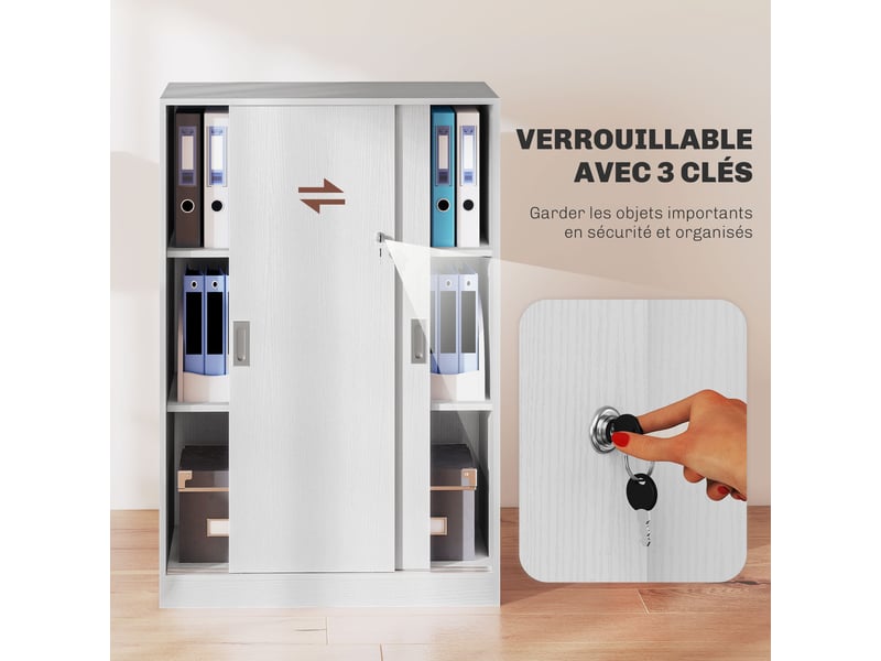  Armoire de bureau 2 portes coulissantes verrouillables dim. 80l x 40l x 120h cm blanc 2 étagères en bois  - Conforama E