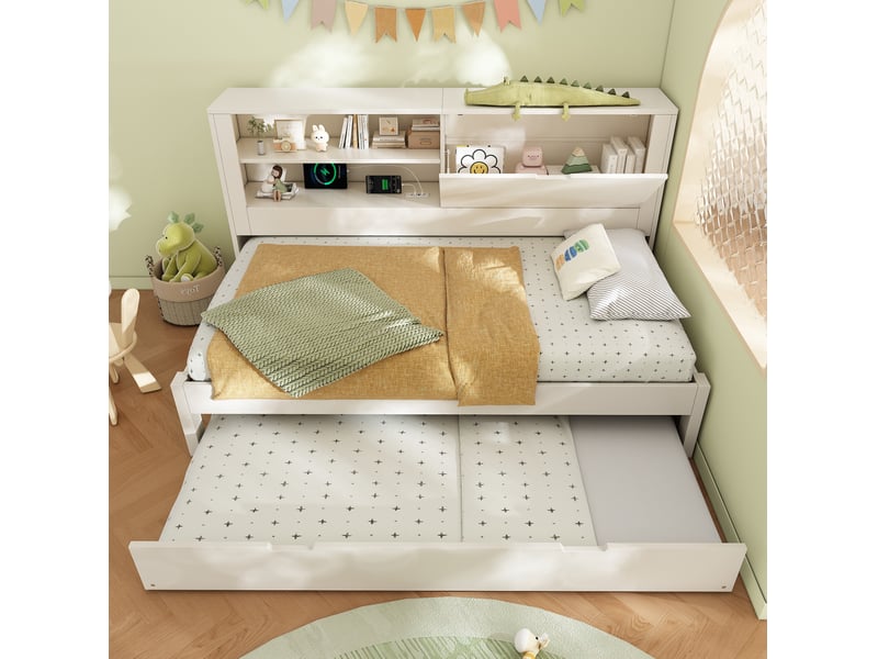  Lit gigogne 90x190 cm, lit enfant avec rangement mural ouvert et fermé, ports usb, sommier, mdf, blanc, sans matelas  - Conforama R