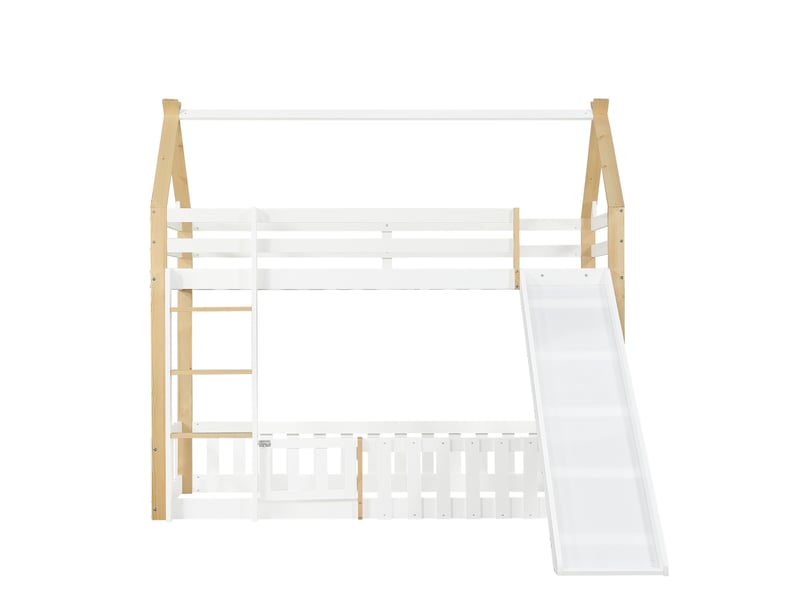  Lit mezzanine cabane avec toboggan et portillon - 90x200cm - espace de jeu sous le lit et échelle à 3 échelons - avec sommier à lattes - blanc et naturel  - Conforama A