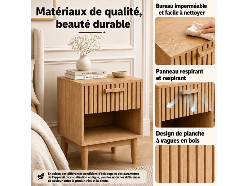  Lot de 2 table à chevet bois-1 tiroir et compartiment-bois massif - table d'appoint - 40 x 35 x 55 cm  - Conforama E
