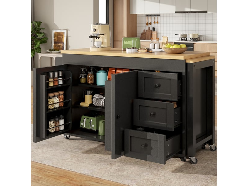  Ilot de cuisine 2 portes 3 tiroirs coloris noir mdf  - Conforama E