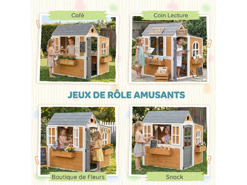 Cabane enfant extérieur en bois, maison enfant extérieureintérieure avec porte, fenêtres, jaune, 3 bacs à fleurs - Conforama R
