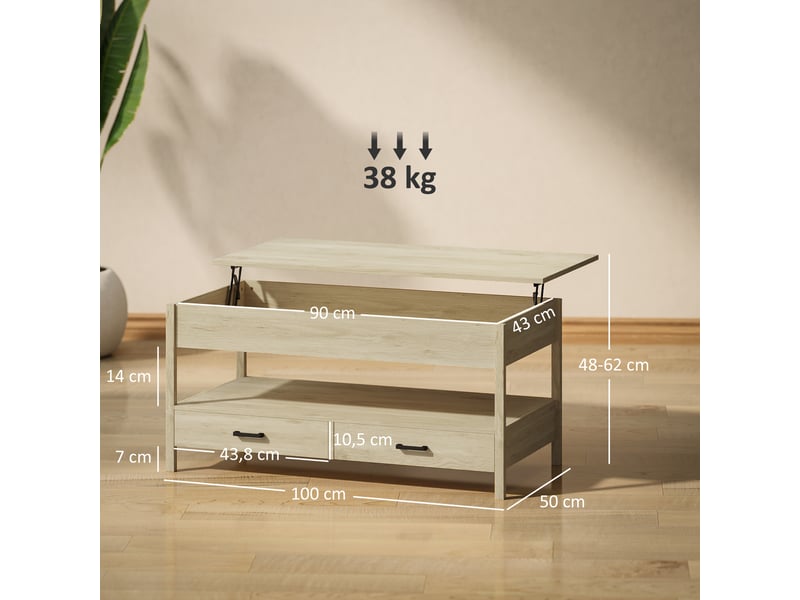  Table basse relevable, table basse avec tiroirs et compartiment caché pour salon, bureau à domicile, chêne  - Conforama E