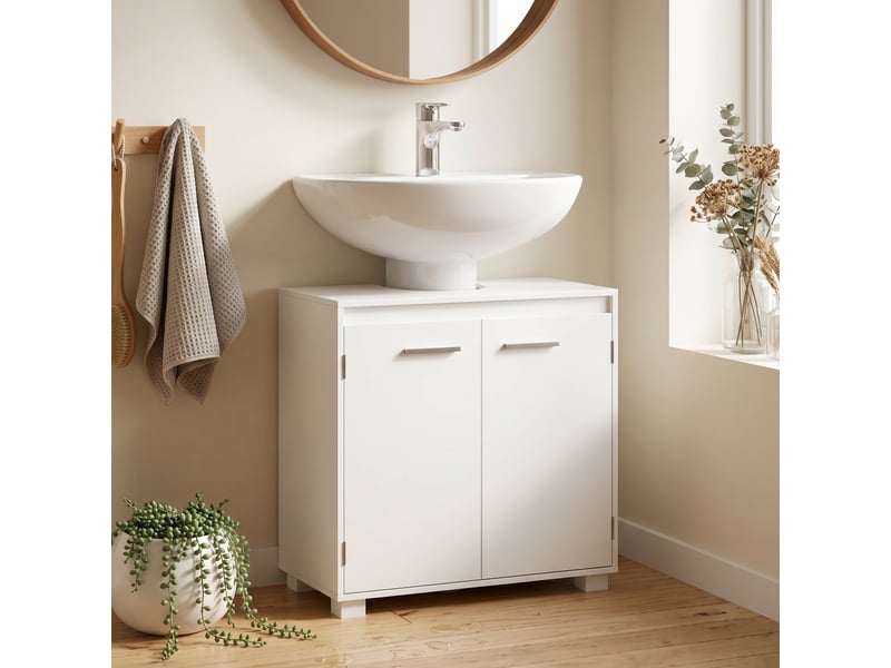 Meuble sous évier avec étagère réglable et 2 portes, 60 x 30 x 60 cm, blanc  - Conforama C