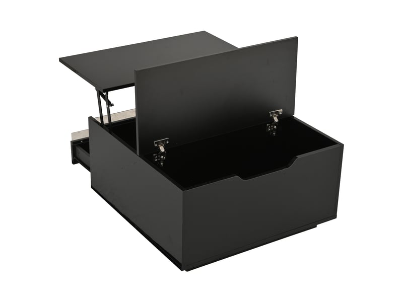  Table basse de salon 70 x 70 x 38 cm, table basse relevable avec bande lumineuse led, table d'appoint avec 1 tiroir, finition brillante, rangement dissimulé et portes rabattables, noire  - Conforama E