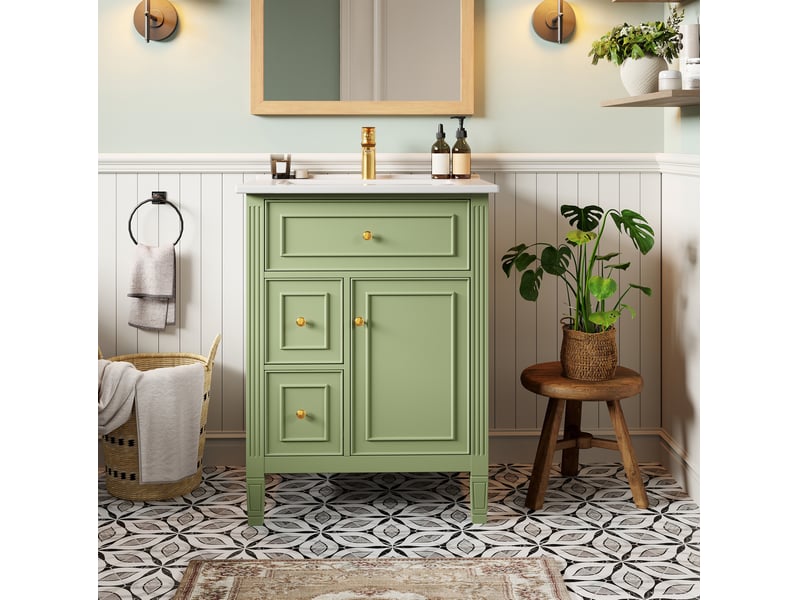  Meuble sous vasque sur pied 61x47x86 cm vert brillant avec lavabo en céramique  - Conforama E
