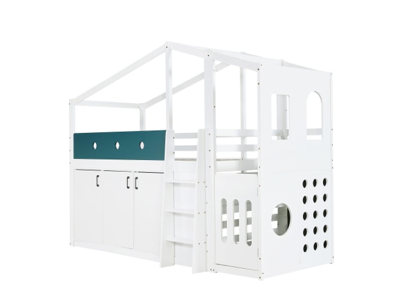  Lit cabane mezzanine enfant 90x200 cm en bois – espace de jeu, rangements, échelle, gain de place  - Conforama A
