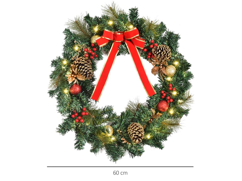 Couronne de noël artificielle lumineuse avec 20 led de 60 cm - décorée de houx et de pommes de pin  - Conforama E