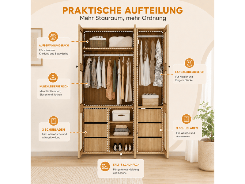  Armoire penderie 135 x 47 x 200 cm - 6 tiroirs - 4 compartiments de rangement - 2 barres de penderie - mdf - moderne - effet bois  - Conforama E