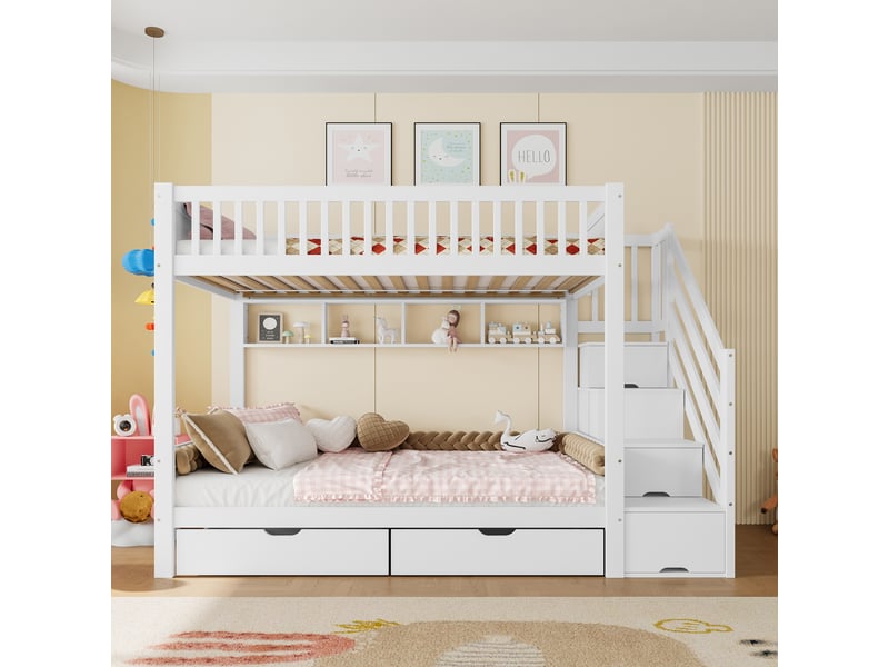  Lit superposé enfant blanc avec armoire, lit superposé 90x200 cm avec tiroirs et étagères, escalier de rangement sécurisé  - Conforama W