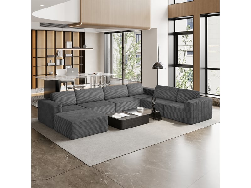 Canapé modulaire panoramique 7 places ouvert à gauche,velours côtelé,1 pouf,canapé compressé pour grand salon,404x303x82cm,gris 404x303x82CM - Conforama W