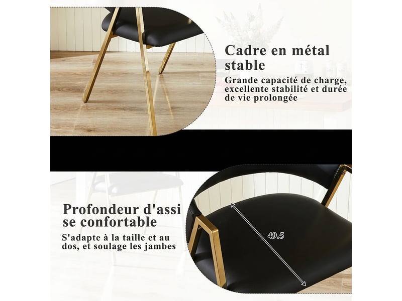  Lot de 2 chaises de salle à manger, chaises en similicuir noir avec pieds dorés, style contemporain pour salon et salle à manger.  - Conforama E