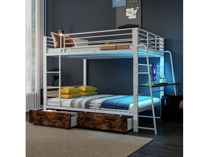 Lit superposé 140x200 cm en métal blanc et mdf avec bureau, led, prises usb et type-c, 2 tiroirs, sans matelas - Conforama B