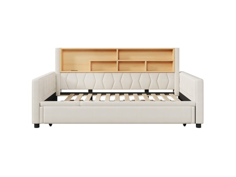 Lit de jour, 90 × 200 cm, lit extensible multifonctionnel avec bande lumineuse led et prise électrique, revêtement en lin, beige - Conforama A